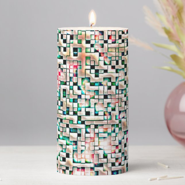 Cream tiles in textured rough style, mosaic square pillar candle (In Situ)