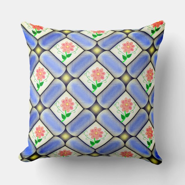 Cream Tiles of Flower Design on Blue Glazed  Throw Pillow (Front)