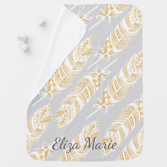 Cream Tribal Feathers Boho Baby Name Baby Blanket