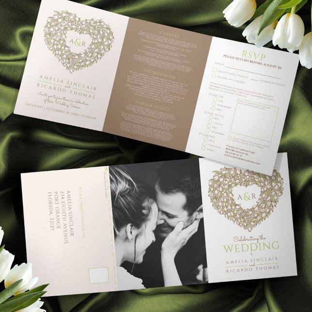Cream tulip brown ink art heart monogram wedding Tri-Fold invitation (Creator Uploaded)