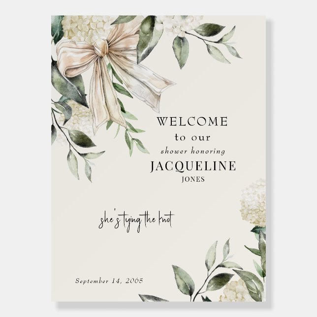 Cream Tying the Knot Bow Hydrangea Shower Welcome Foam Board (Front)