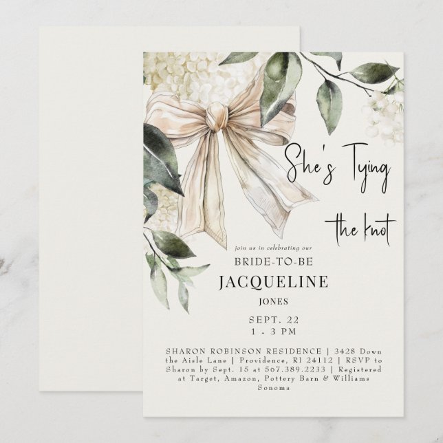 Cream Tying the Knot Bow Hydrangea Wedding Shower Invitation (Front/Back)