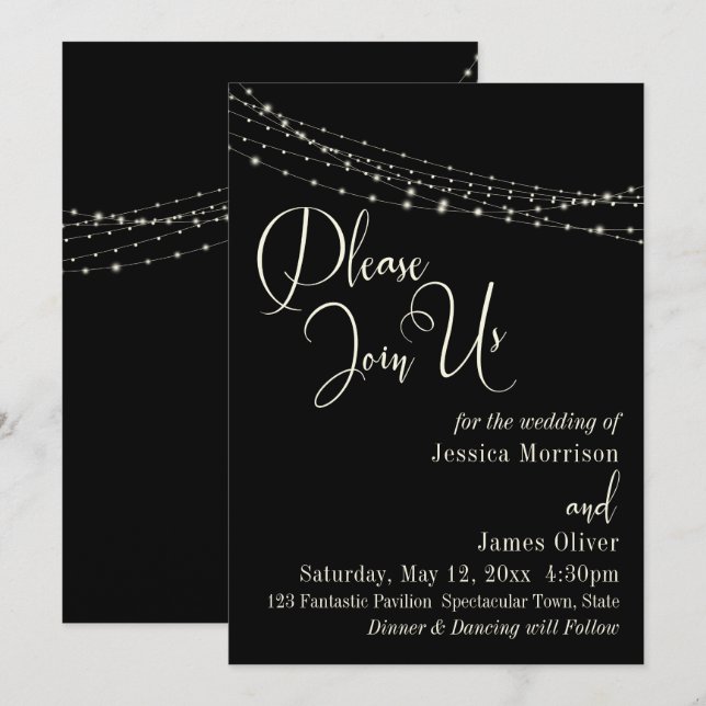 Cream Typography 32, Black 2 with Lights Wedding Invitation (Front/Back)