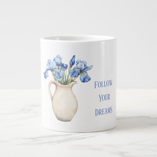 Cream Vase Purple Iris Flowers Giant Coffee Mug (Front)