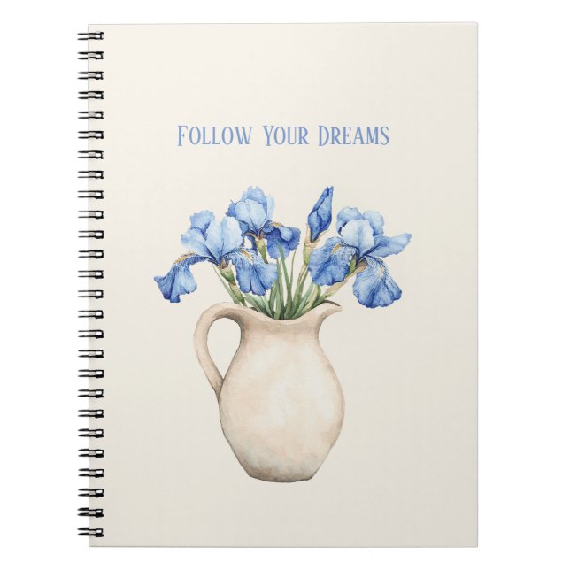 Cream Vase Purple Iris Flowers   Notebook (Front)