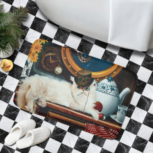Cream Victorian Steampunk Cat Tea Party Submarine Bath Mat