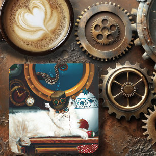 Cream Victorian Steampunk Cat Tea Party Submarine Beverage Coaster
