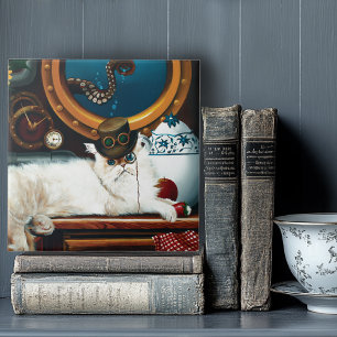 Cream Victorian Steampunk Cat Tea Party Submarine Ceramic Tile