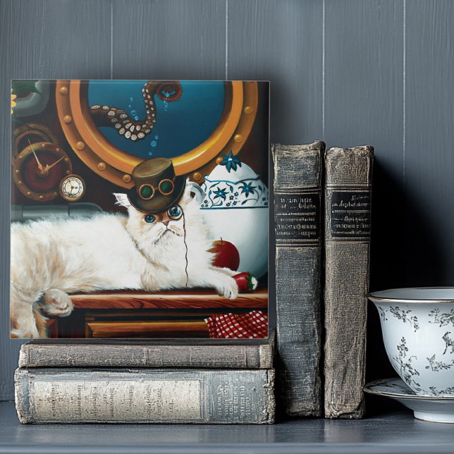 Cream Victorian Steampunk Cat Tea Party Submarine Ceramic Tile (Creator Uploaded)