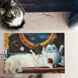 Cream Victorian Steampunk Cat Tea Party Submarine Doormat