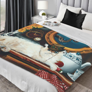 Cream Victorian Steampunk Cat Tea Party Submarine Fleece Blanket