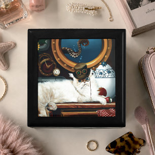 Cream Victorian Steampunk Cat Tea Party Submarine Jewelry Box