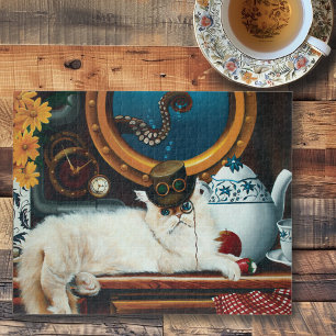 Cream Victorian Steampunk Cat Tea Party Submarine Jigsaw Puzzle