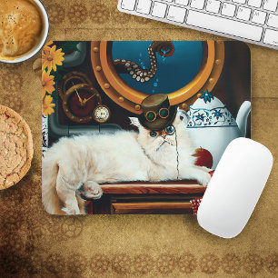 Cream Victorian Steampunk Cat Tea Party Submarine Mouse Pad
