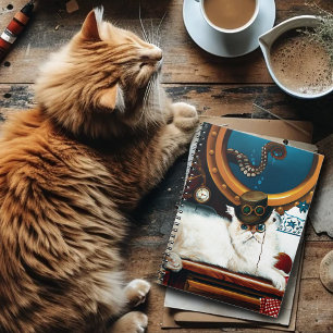 Cream Victorian Steampunk Cat Tea Party Submarine Notebook