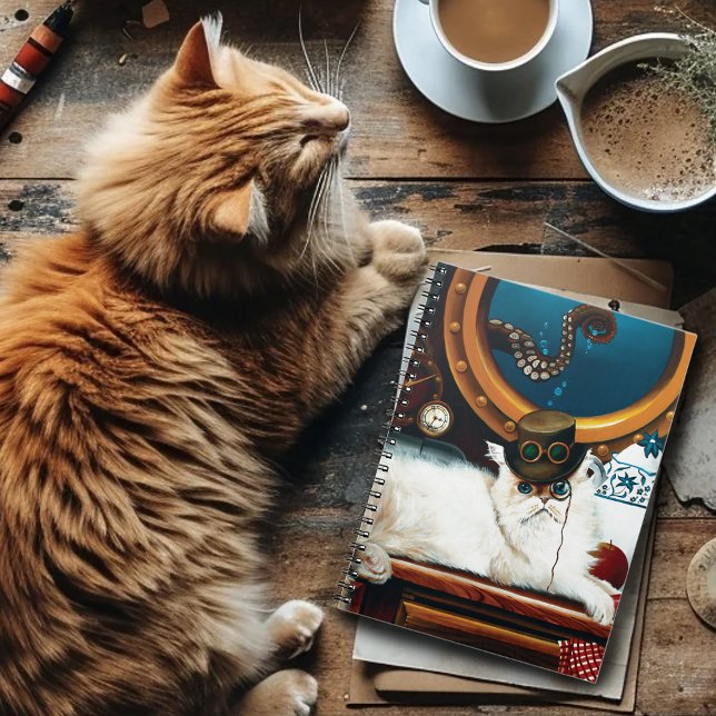 Cream Victorian Steampunk Cat Tea Party Submarine Notebook (Creator Uploaded)