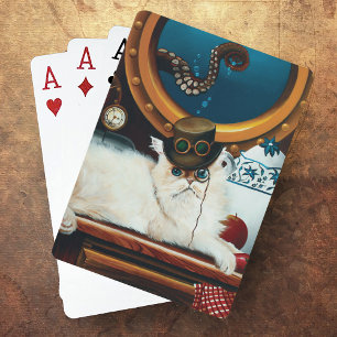 Cream Victorian Steampunk Cat Tea Party Submarine Poker Cards