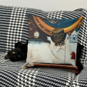 Cream Victorian Steampunk Cat Tea Party Submarine Throw Pillow