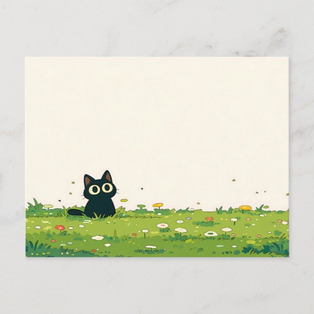 Cream Vignette Kawaii Black Cat Meadow Postcard (Front)