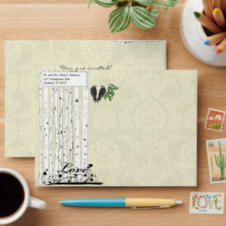 Cream Vintage Birds Damask Wedding Envelopes