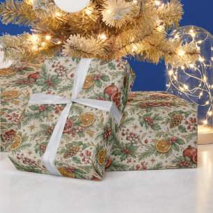 Cream Vintage Botanical Christmas Citrus Pattern Wrapping Paper