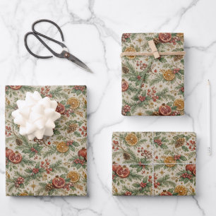 Cream Vintage Botanical Christmas Citrus Pattern Wrapping Paper Sheets