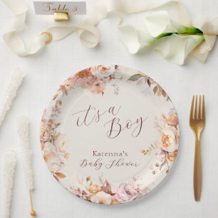 Cream Vintage Floral Fall It's a Boy Baby Shower Paper Plates