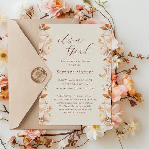 Cream Vintage Floral Fall It's a Girl Baby Shower Invitation