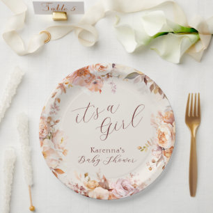 Cream Vintage Floral Fall It's a Girl Baby Shower Paper Plates