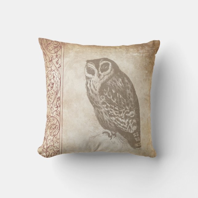 Cream Vintage Owl Throw Pillow (Front)