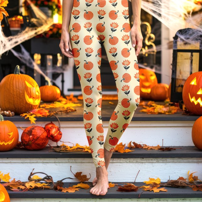 Cream Vintage Pumpkins and Flowers Halloween Leggings (Creator Uploaded)