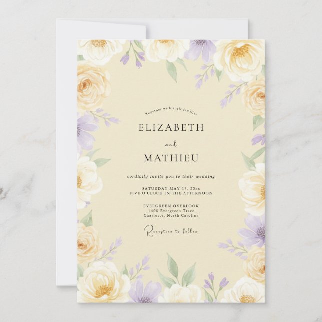 Cream Violet Peony Wedding Invitation (Front)
