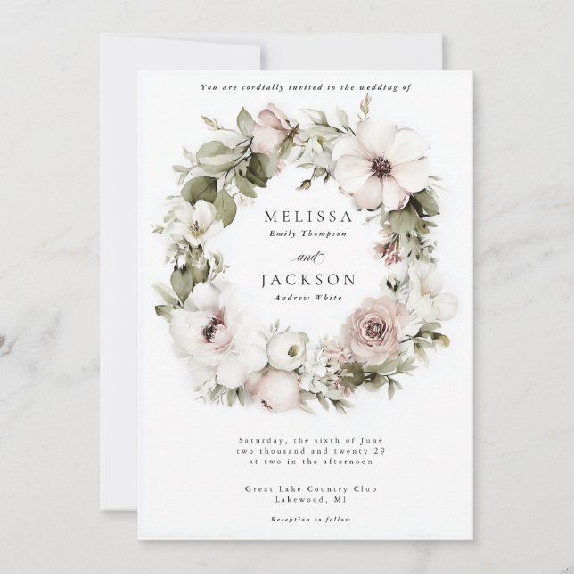  Cream Watercolor Flower Wreath Wedding Invitation (Front)