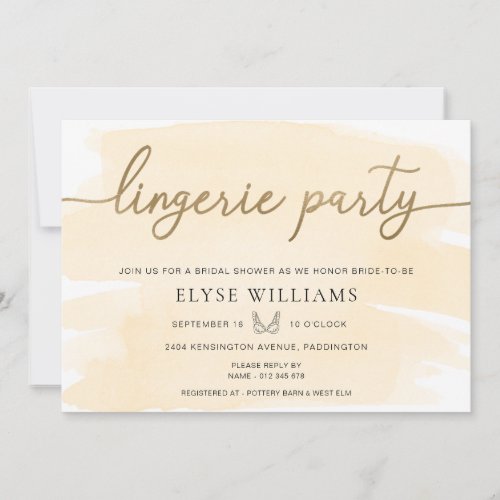 Cream Watercolor Gold Lingerie Party Bridal Shower Invitation