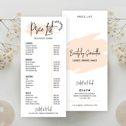 Cream Watercolor Trendy Beauty Services Price List Rack Card