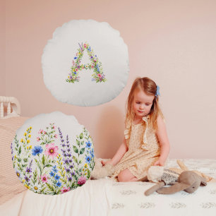 Cream Watercolor Wildflower "A" Round Pillow