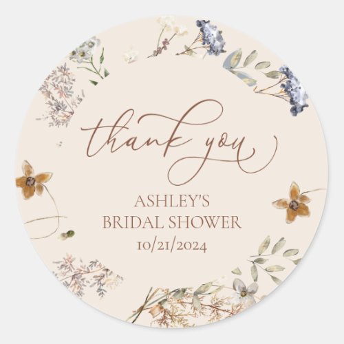 Cream Watercolor Wildflowers Calligraphy Favors Classic Round Sticker