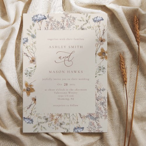 Cream Watercolor Wildflowers Calligraphy Wedding  Invitation