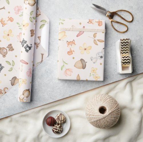Cream Watercolor Woodland Animals  Wrapping Paper