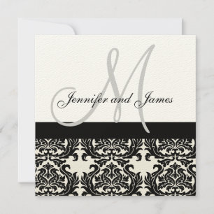 Cream Wedding Invitation Monogram Black Damask