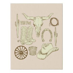 Cream Western Cowboy Boots and Hat Faux Canvas Print