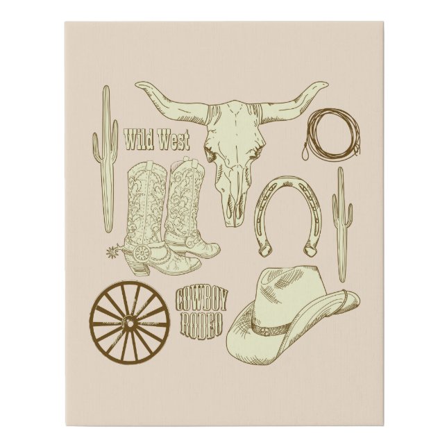 Cream Western Cowboy Boots and Hat Faux Canvas Print (Front)