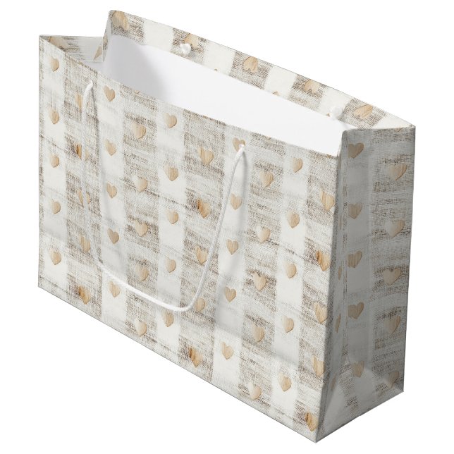 Cream White Beige  Boho Hearts Bridal Shower  Large Gift Bag (Front Angled)
