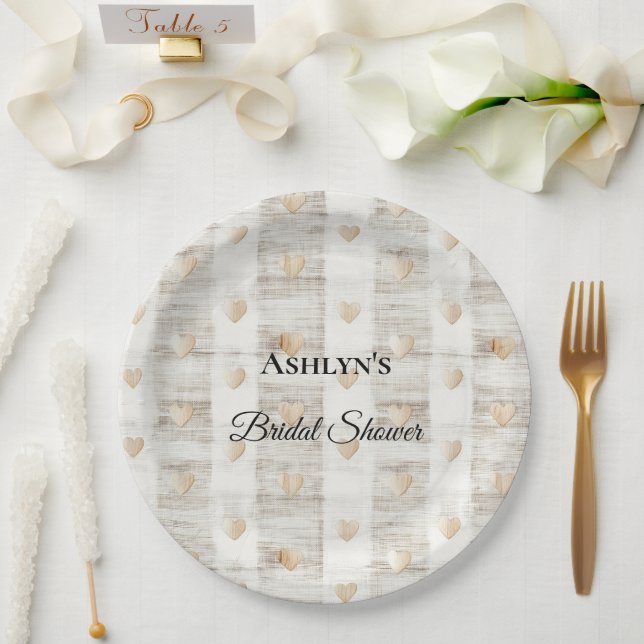 Cream White Beige Boho Hearts Bridal Shower Paper Plates (Wedding)