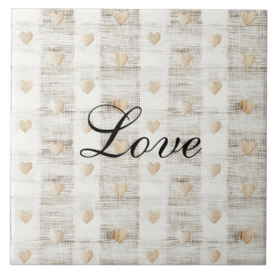 Cream White Beige Boho Hearts  Ceramic Tile