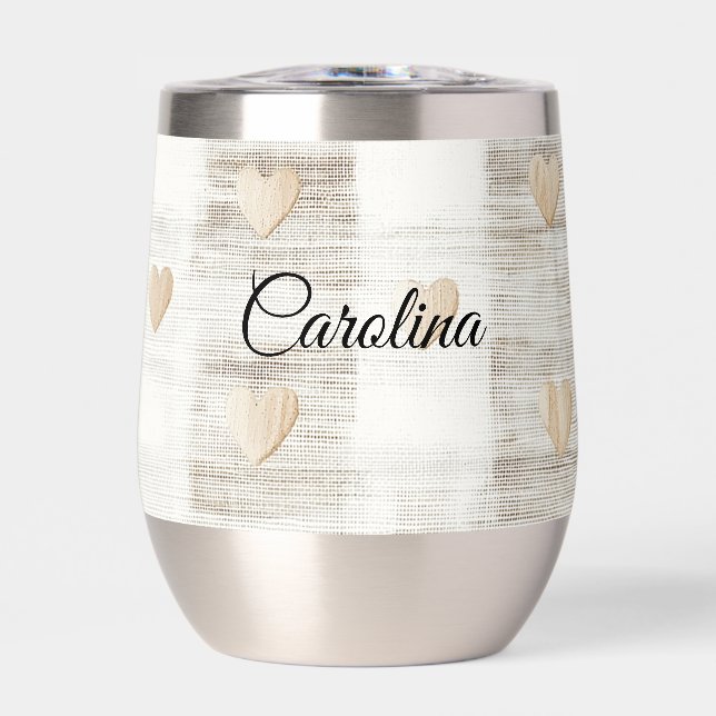 Cream White Beige Boho Hearts  Thermal Wine Tumbler (Front)