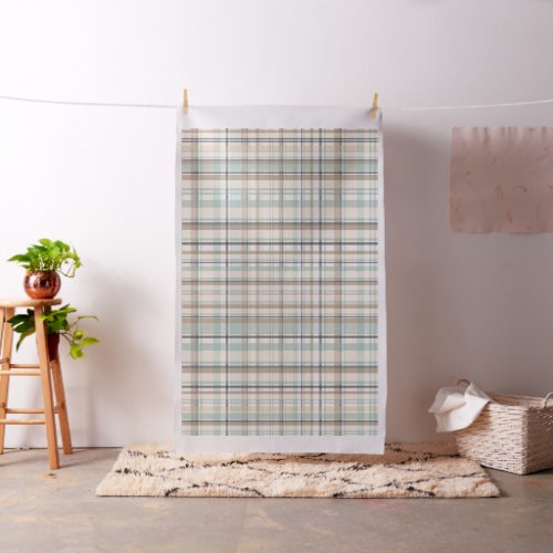 Cream White Blue Brown Plaid Fabric