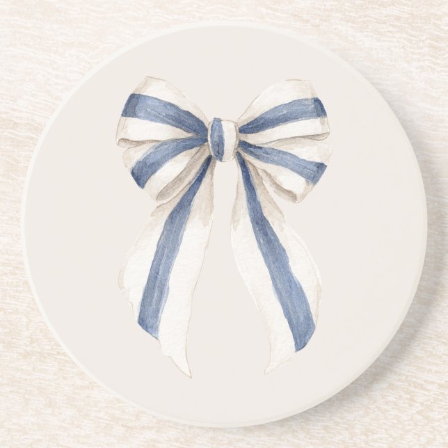 Cream White Blue Stripes Bow Coaster (Front)