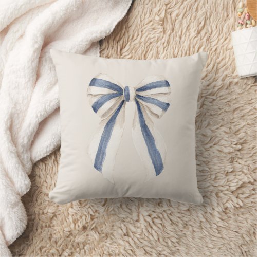 Cream White Blue Stripes Bow Throw Pillow