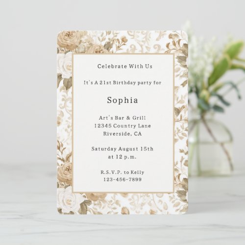 Cream White Bohemian Floral Birthday Invitation